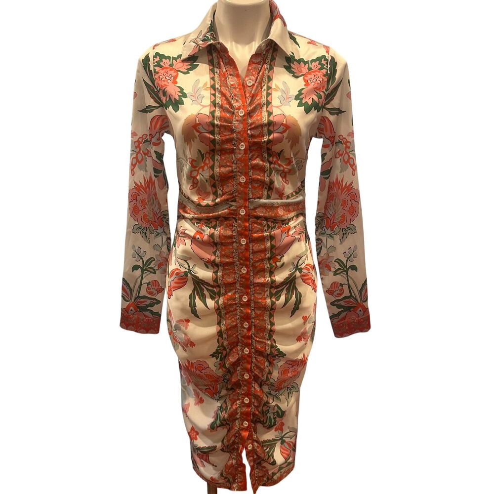Fashion Nova Floral Ruched Midi Shirt Dress Small Satin Button Front Y2K